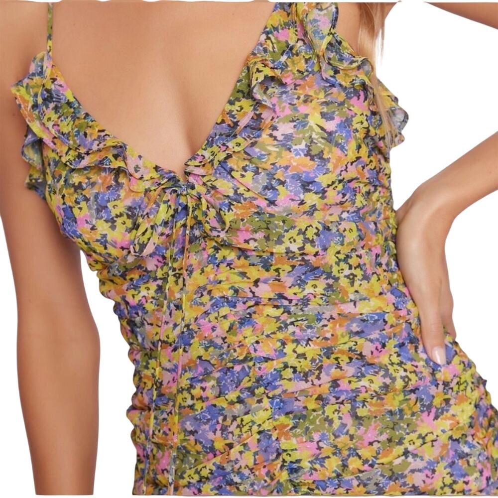 Lost + Wonder Floral Chiffon Ruched Rhodes Paradise Mini Dress Feminine Size L - Picture 3 of 15